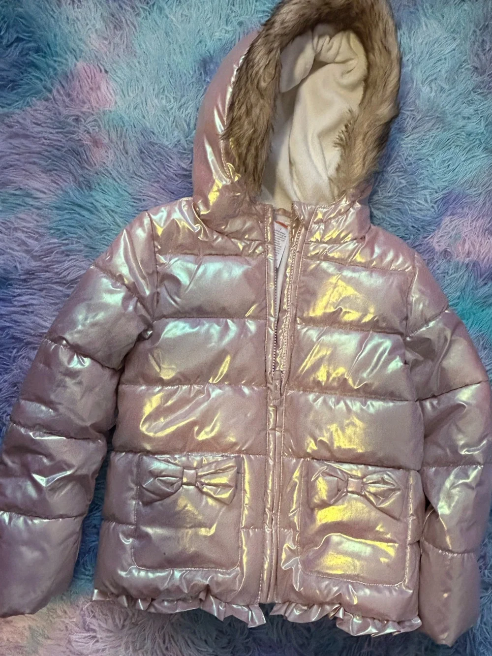 Gymboree Iridescent Light Pink Puffer Jacket with Faux Fur Hood